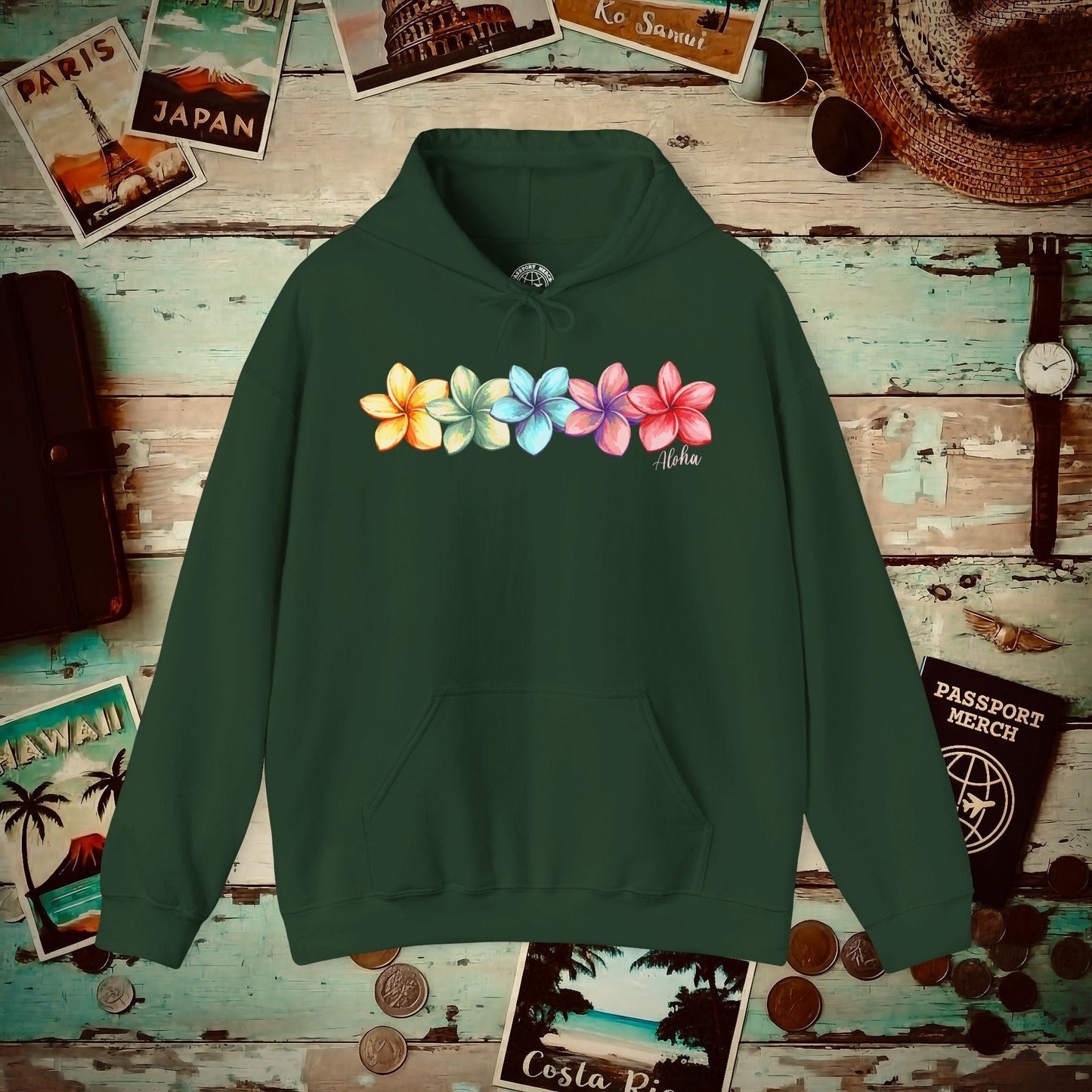 Five Vibrant Plumerias, Hawaii Hoodie Forest Green / S