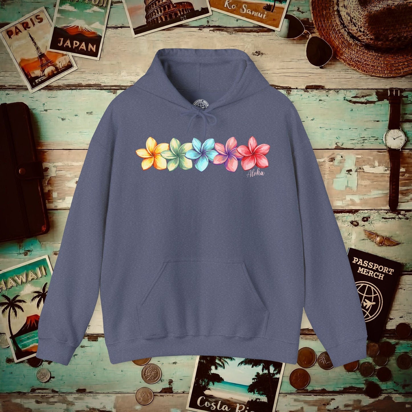 Five Vibrant Plumerias, Hawaii Hoodie Heather Navy / S