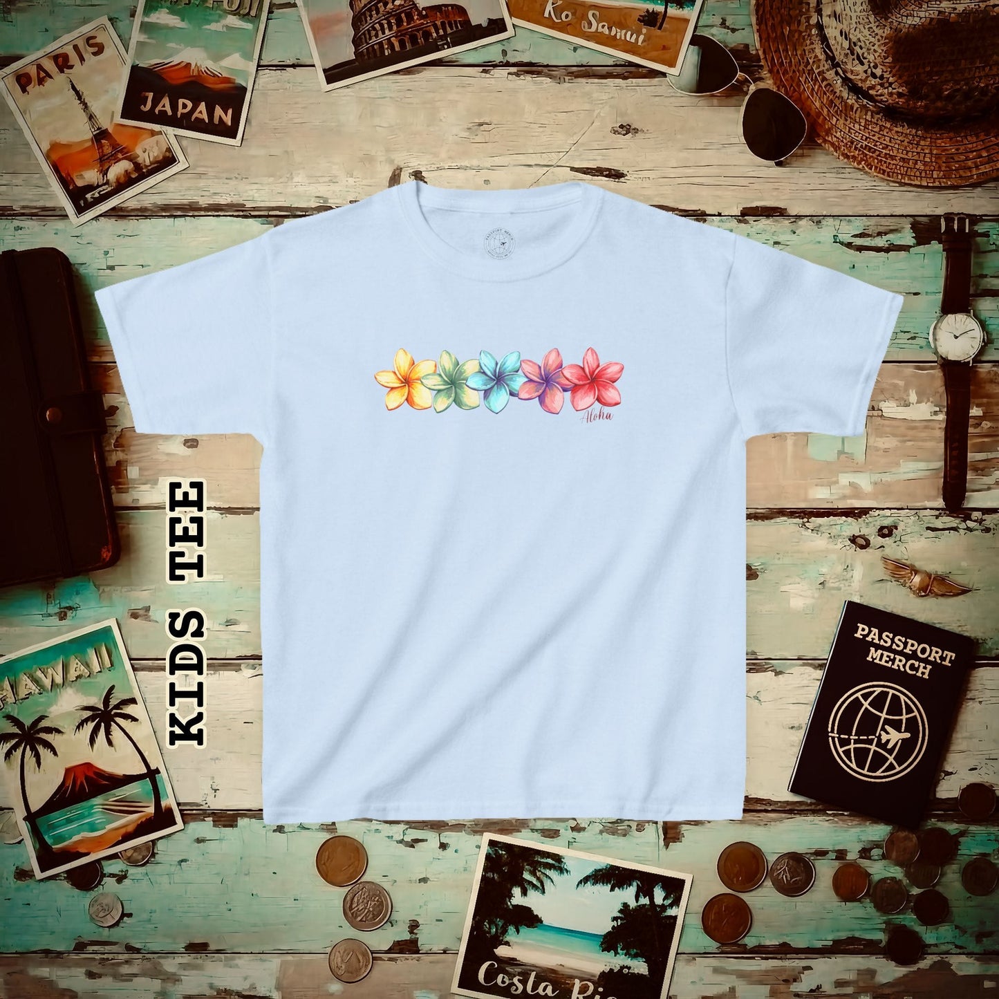 Five Vibrant Plumerias, Hawaii Kids Tee XS / Light Blue