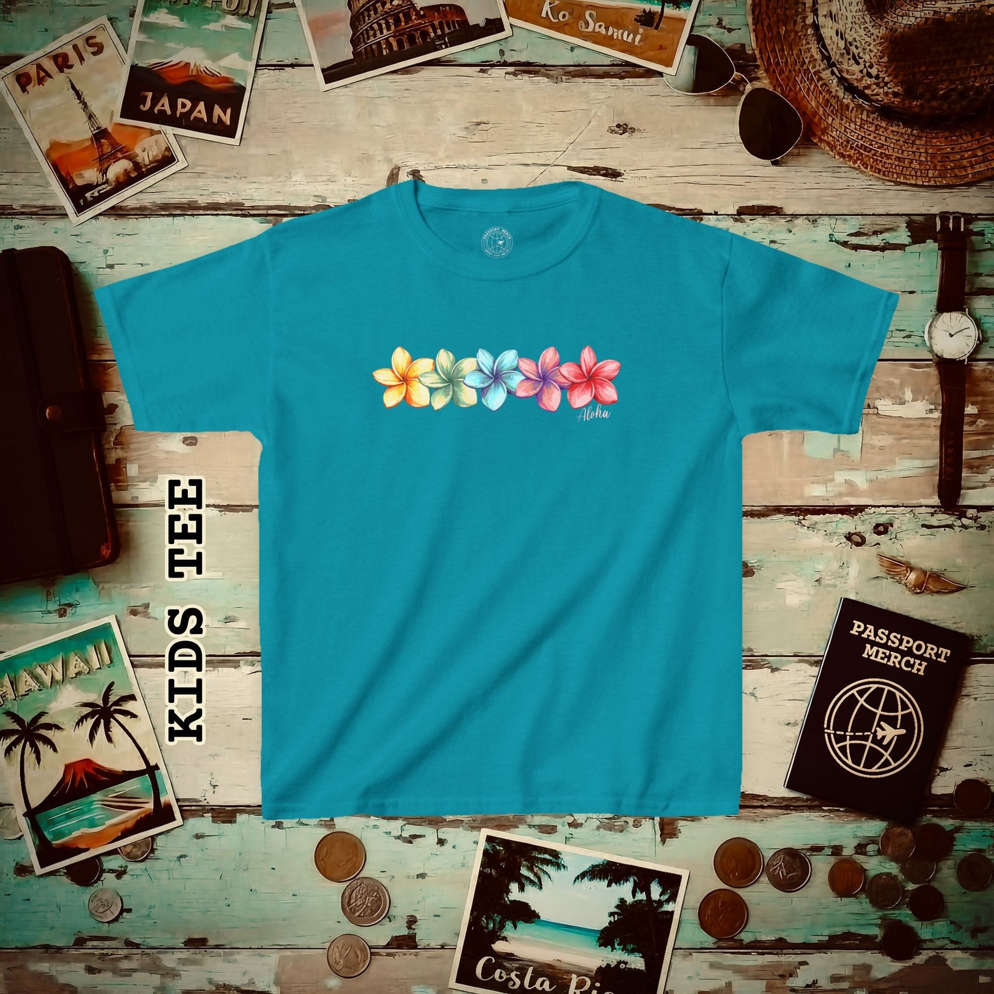 Five Vibrant Plumerias, Hawaii Kids Tee XS / Tropical Blue