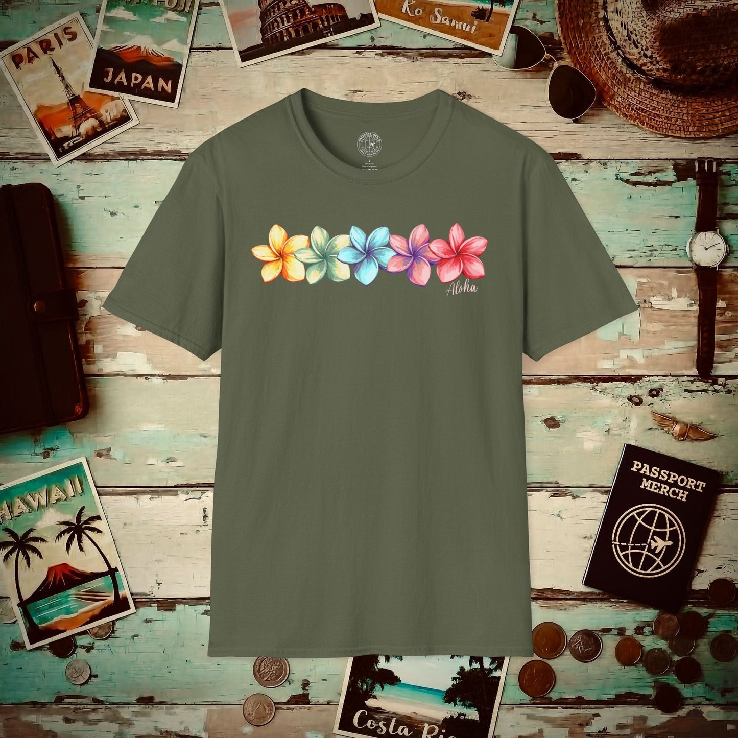 Five Vibrant Plumerias, Hawaii T-Shirt Military Green / S