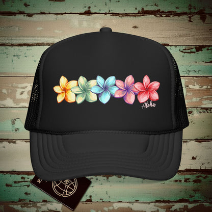 Five Vibrant Plumerias, Hawaii Trucker Hat Black / One size