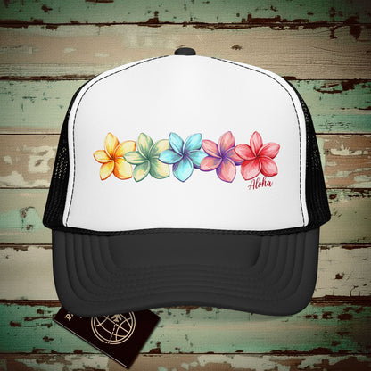 Five Vibrant Plumerias, Hawaii Trucker Hat Black/White / One size