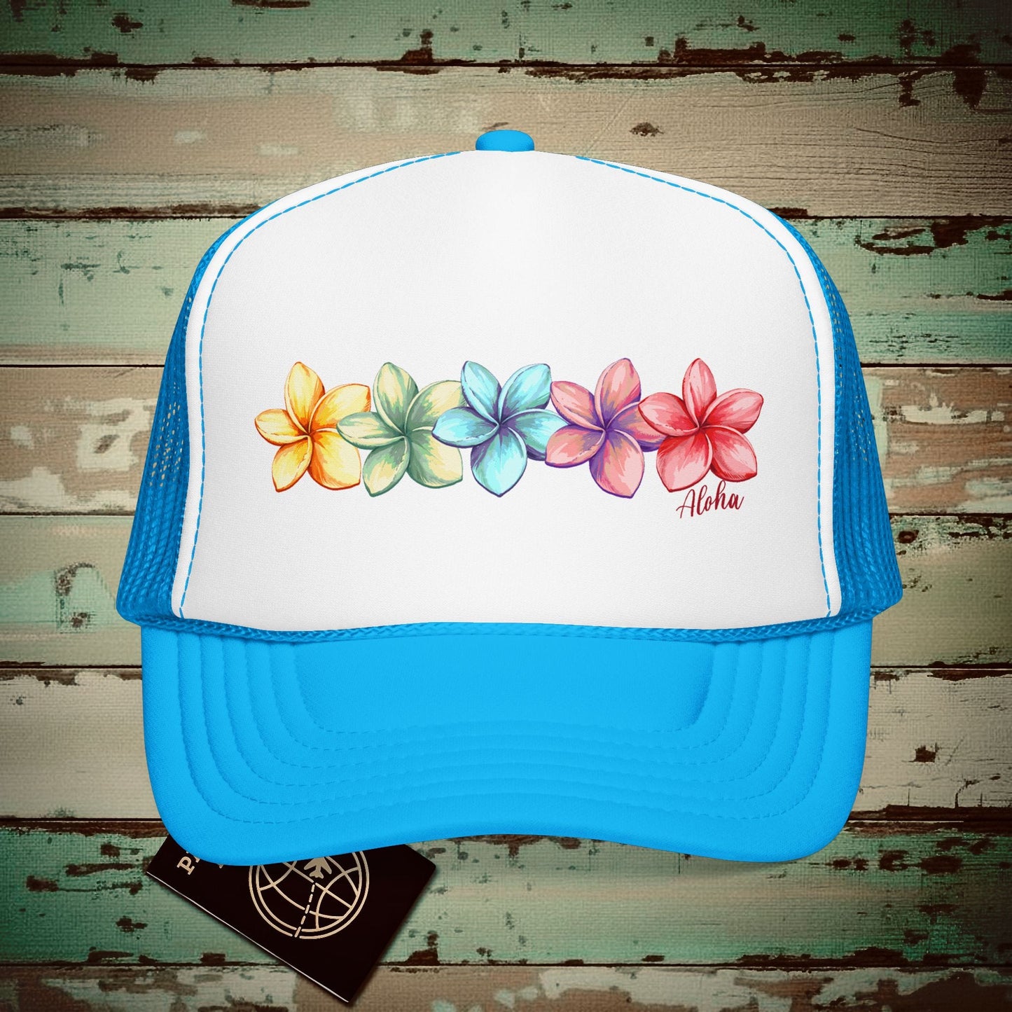 Five Vibrant Plumerias, Hawaii Trucker Hat Blue/White / One size