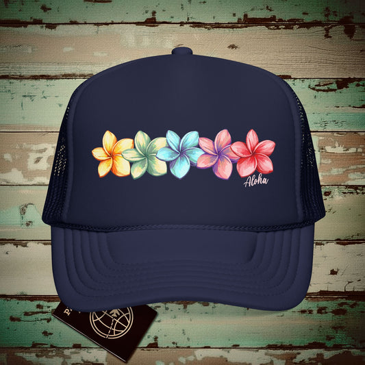 Five Vibrant Plumerias, Hawaii Trucker Hat Dark Navy / One size