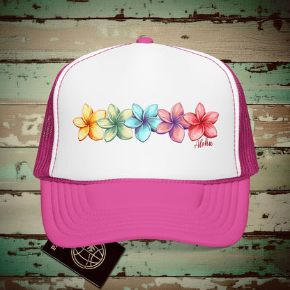 Five Vibrant Plumerias, Hawaii Trucker Hat Hot Pink/ White/ Hot Pink / One size