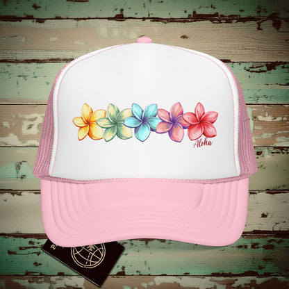 Five Vibrant Plumerias, Hawaii Trucker Hat Light Pink/White / One size