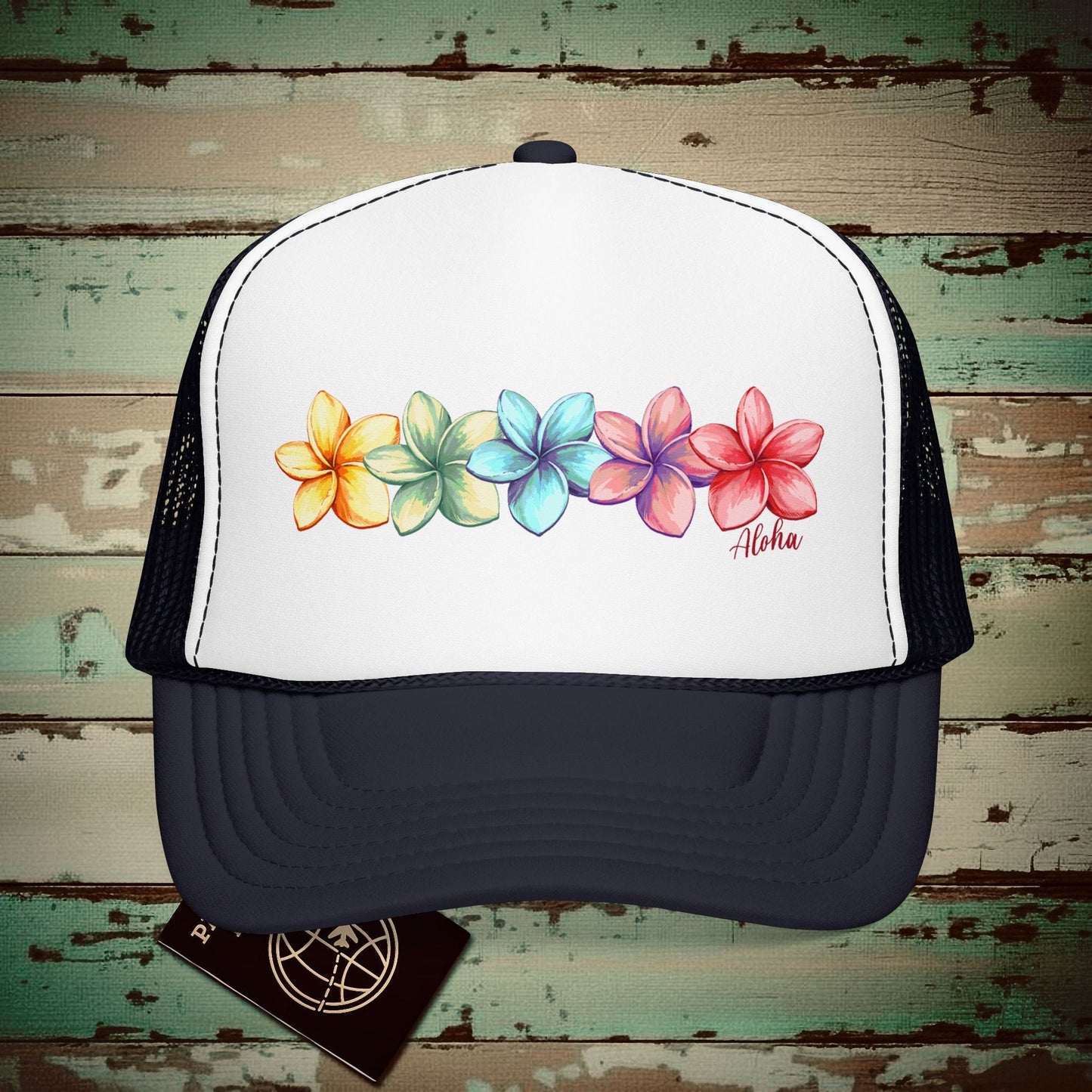 Five Vibrant Plumerias, Hawaii Trucker Hat Navy / White / Navy / One size