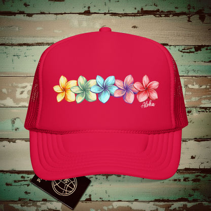 Five Vibrant Plumerias, Hawaii Trucker Hat Red / One size