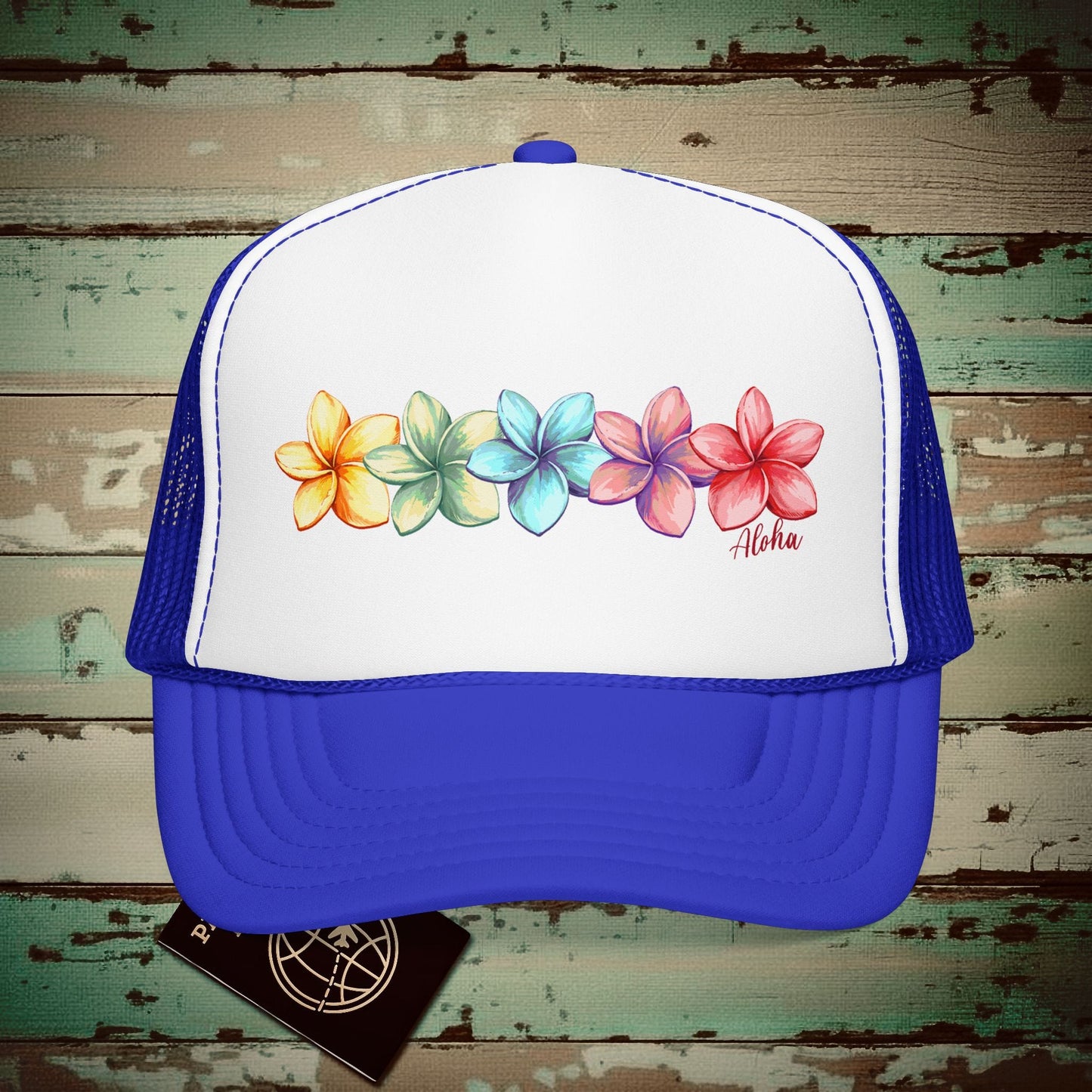 Five Vibrant Plumerias, Hawaii Trucker Hat Royal / White / Royal / One size