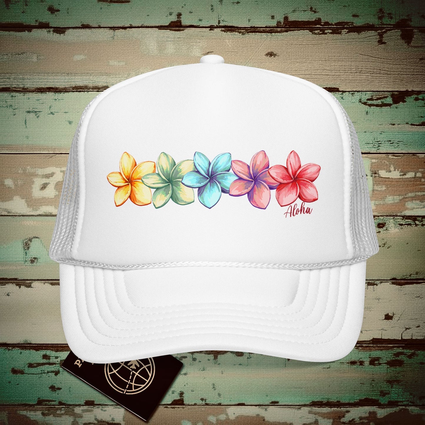 Five Vibrant Plumerias, Hawaii Trucker Hat White / One size