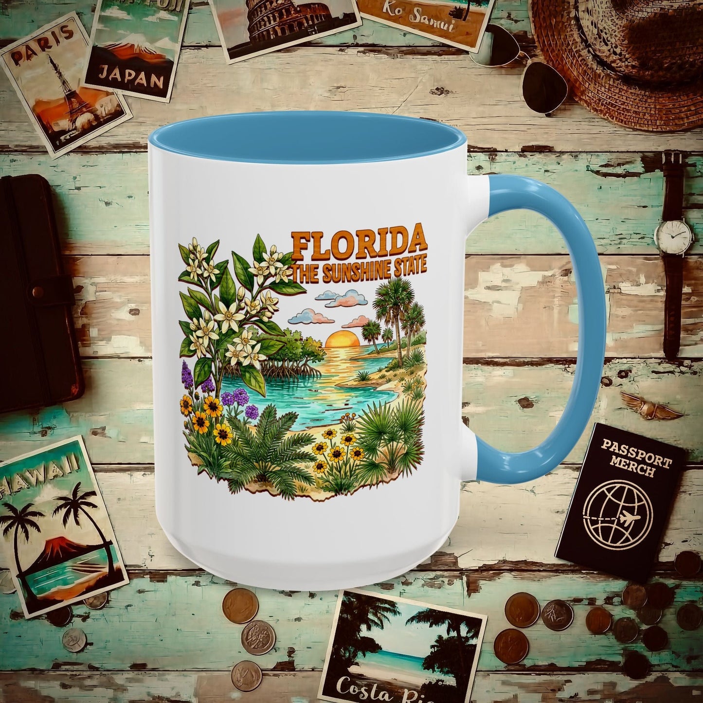 Florida Flowers in Watercolored Oak 15oz Mug Light Blue / 15oz