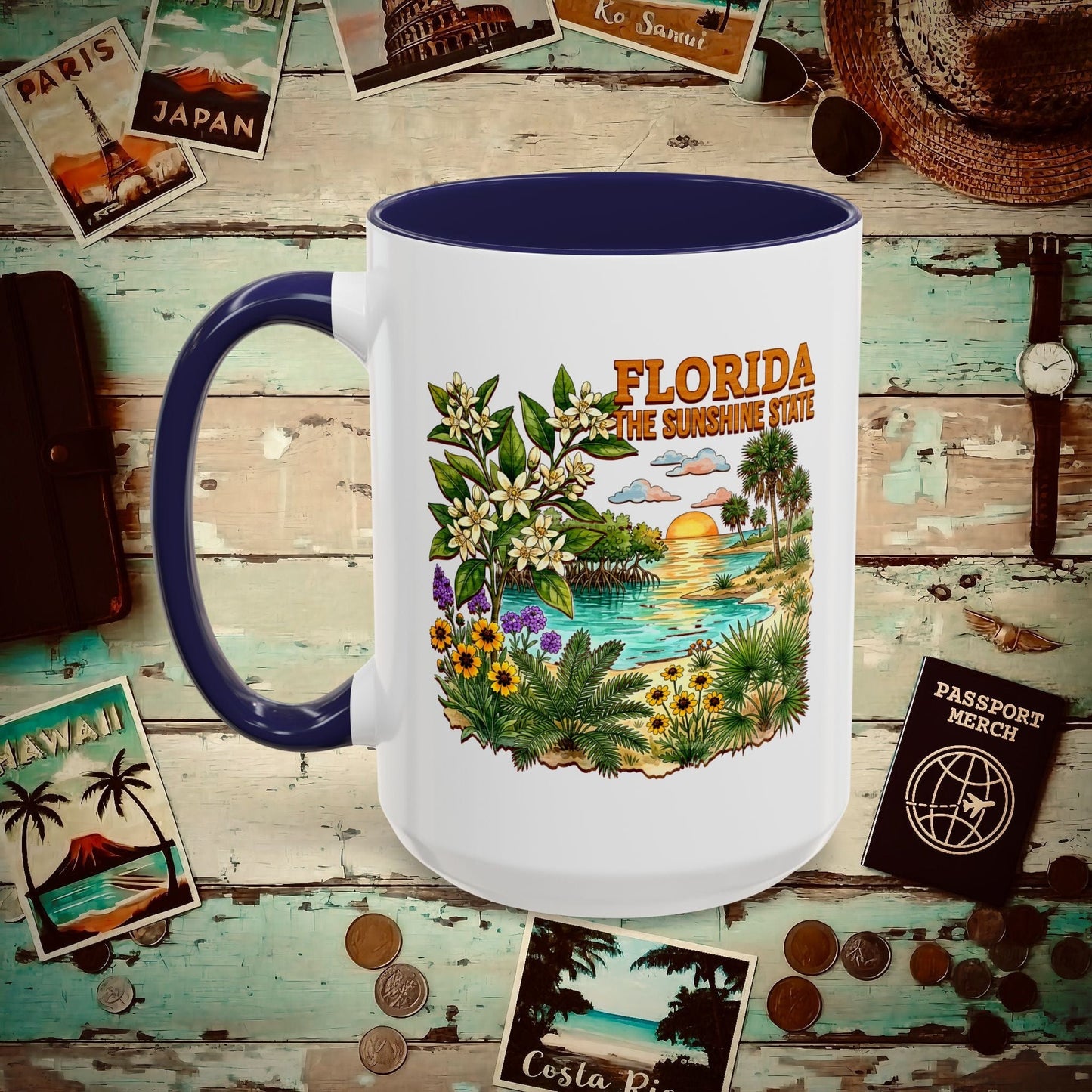 Florida Flowers in Watercolored Oak 15oz Mug Navy / 15oz