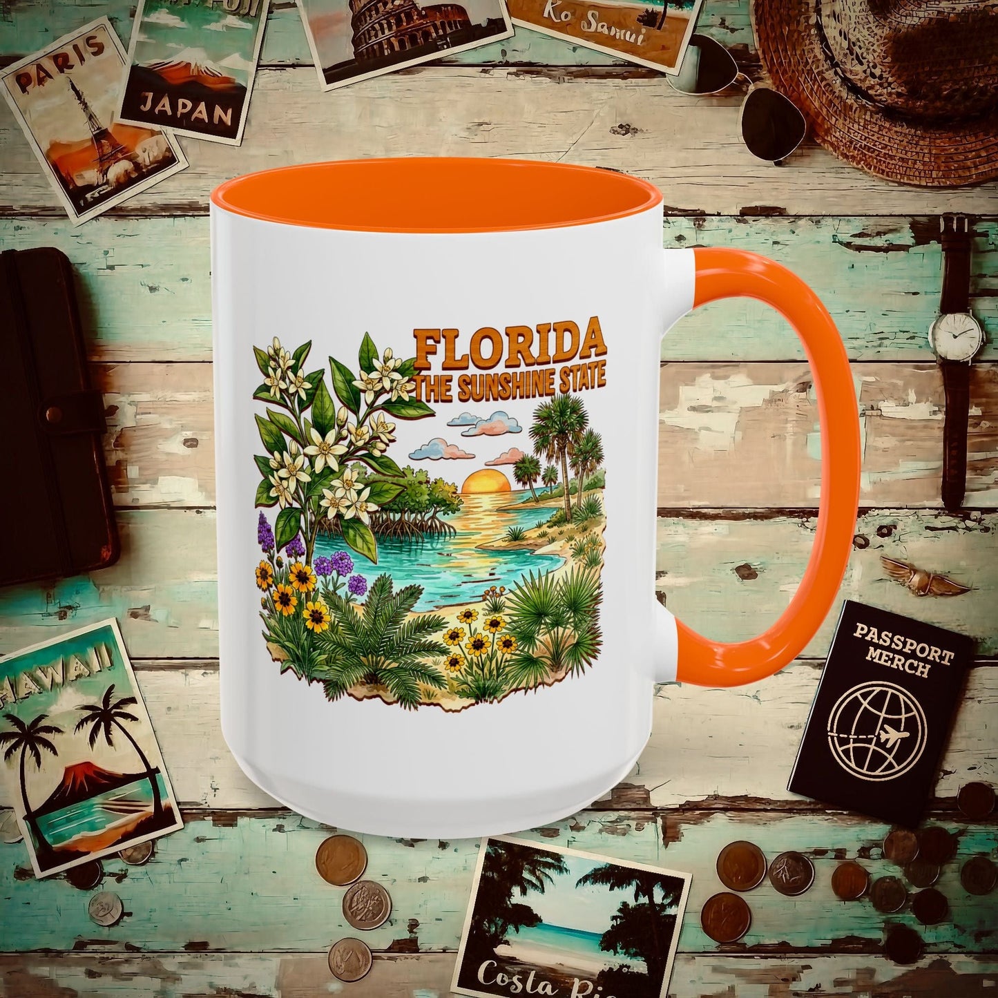 Florida Flowers in Watercolored Oak 15oz Mug Orange / 15oz
