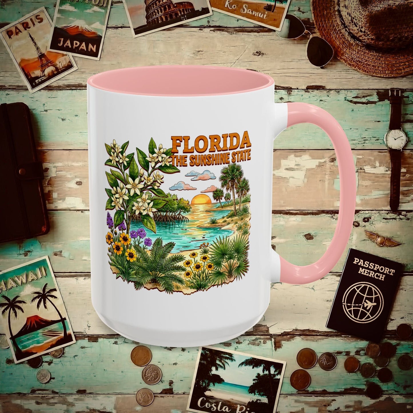 Florida Flowers in Watercolored Oak 15oz Mug Pink / 15oz