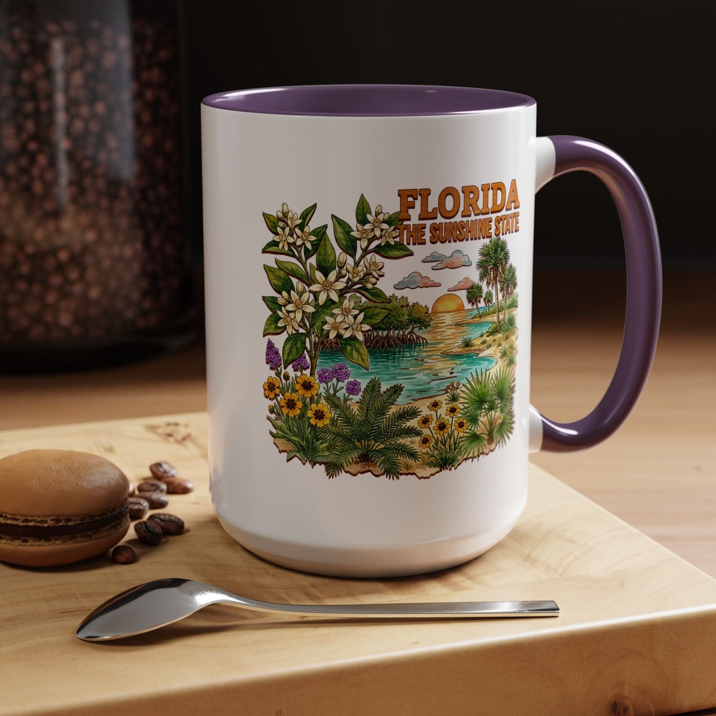 Florida Flowers in Watercolored Oak 15oz Mug Purple / 15oz