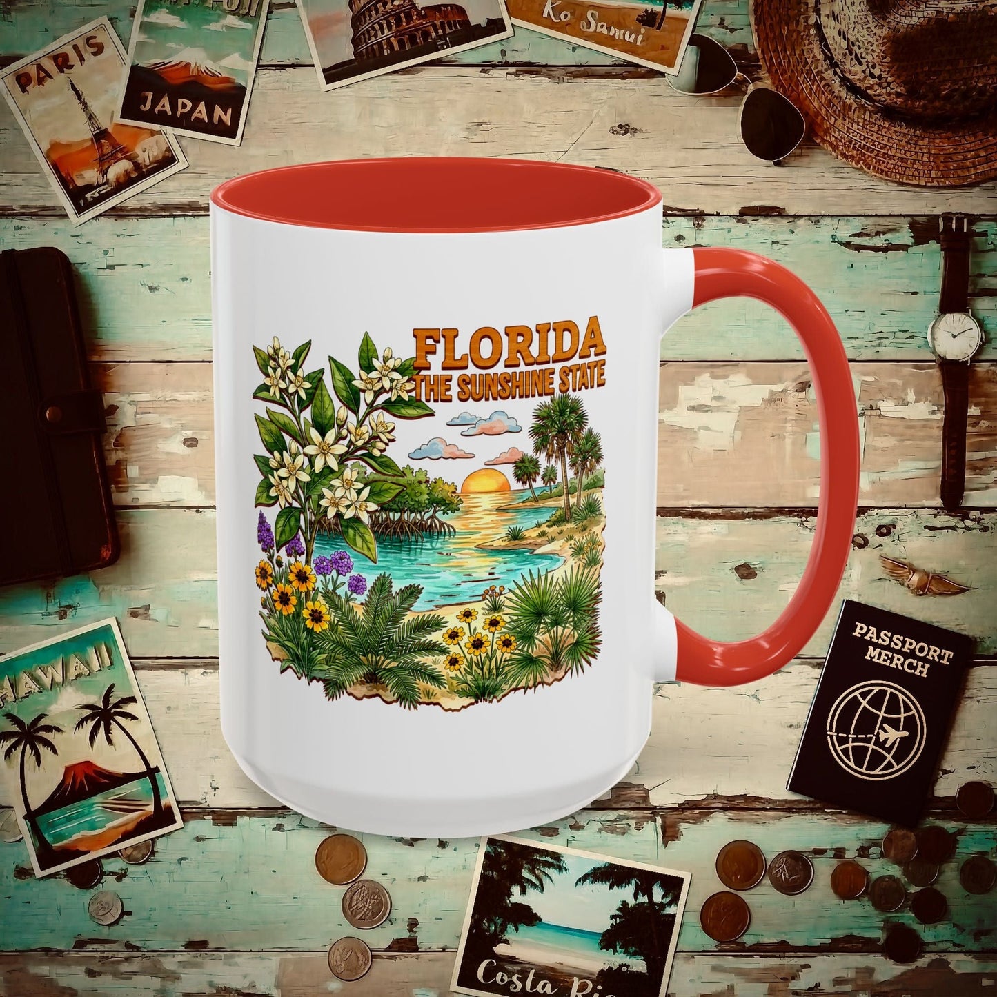 Florida Flowers in Watercolored Oak 15oz Mug Red / 15oz