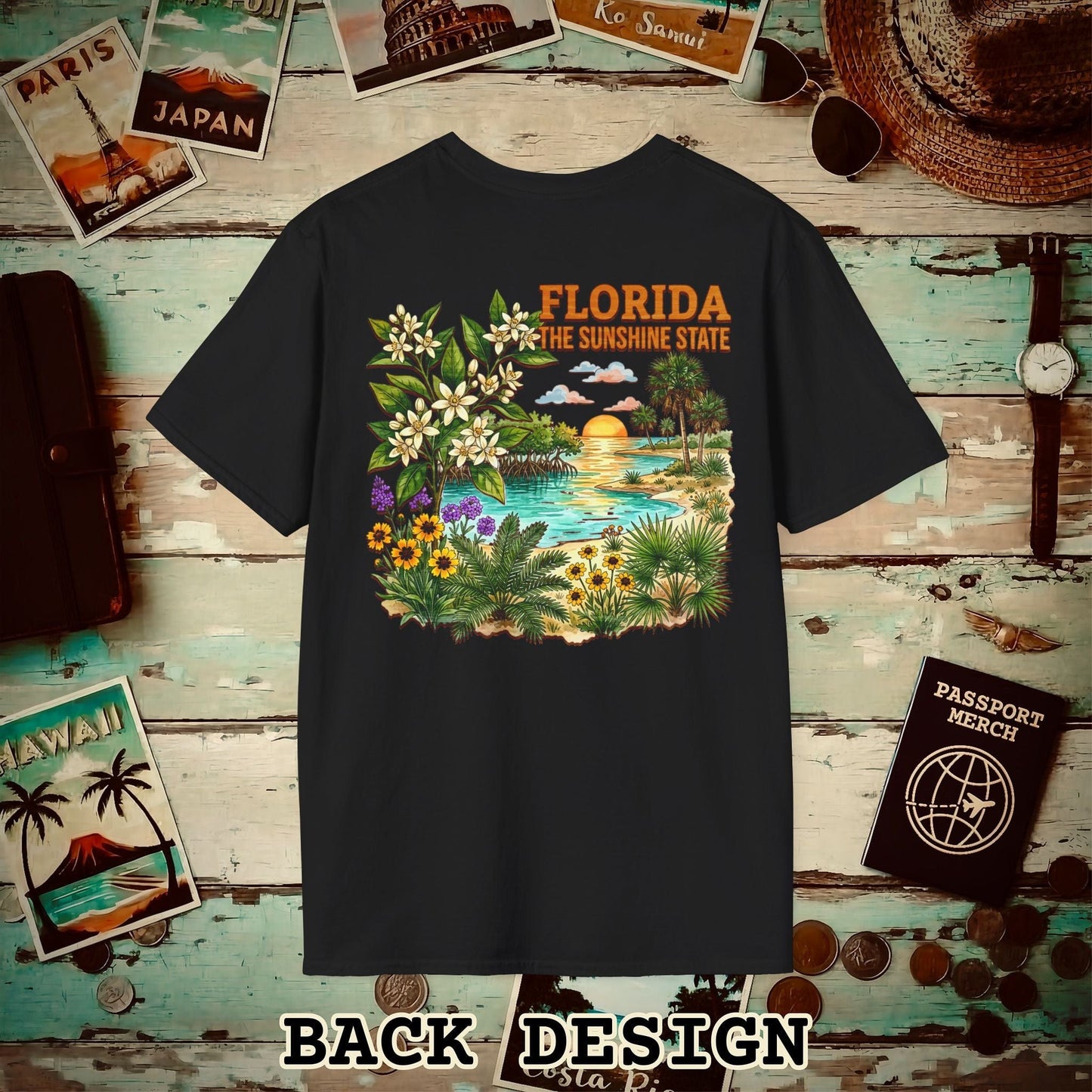 Florida Flowers in Watercolored Oak Back Print T-Shirt Black / S