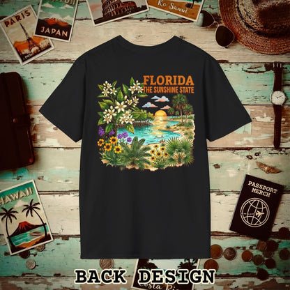 Florida Flowers in Watercolored Oak Back Print T-Shirt Black / S