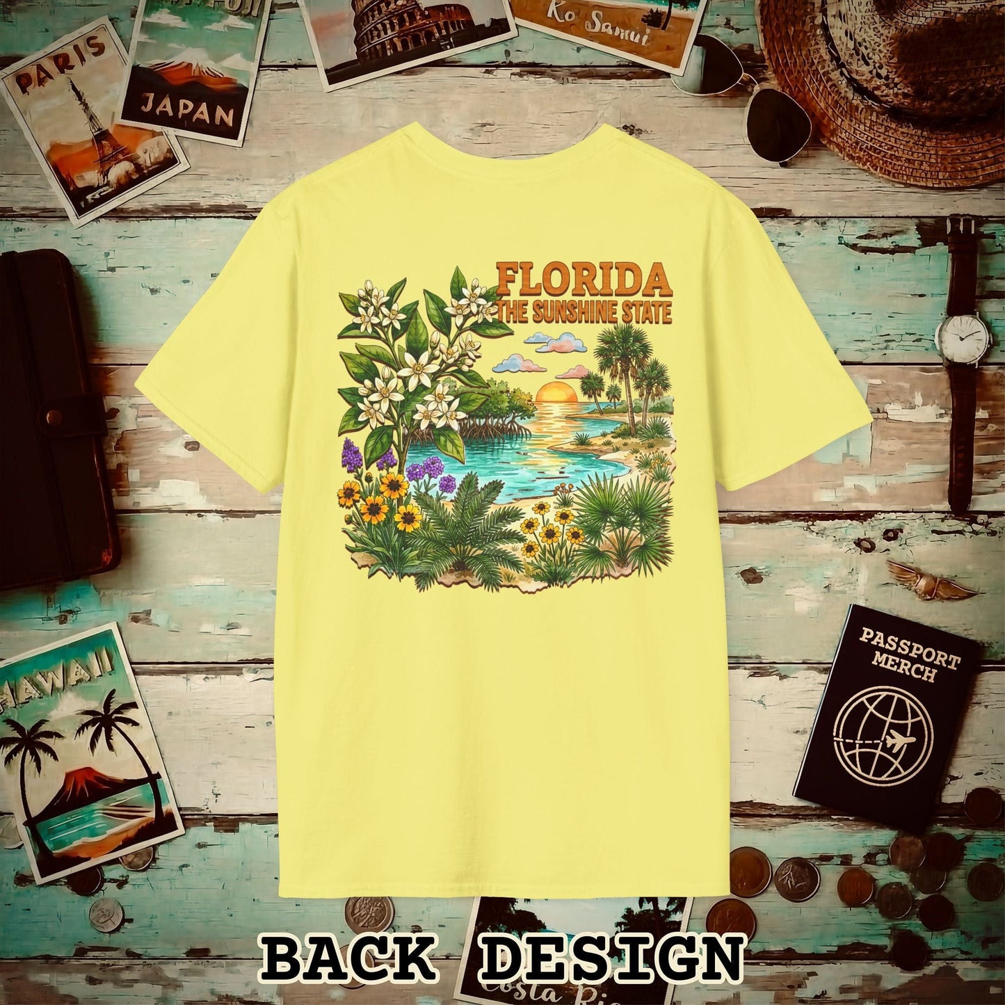 Florida Flowers in Watercolored Oak Back Print T-Shirt Cornsilk / S