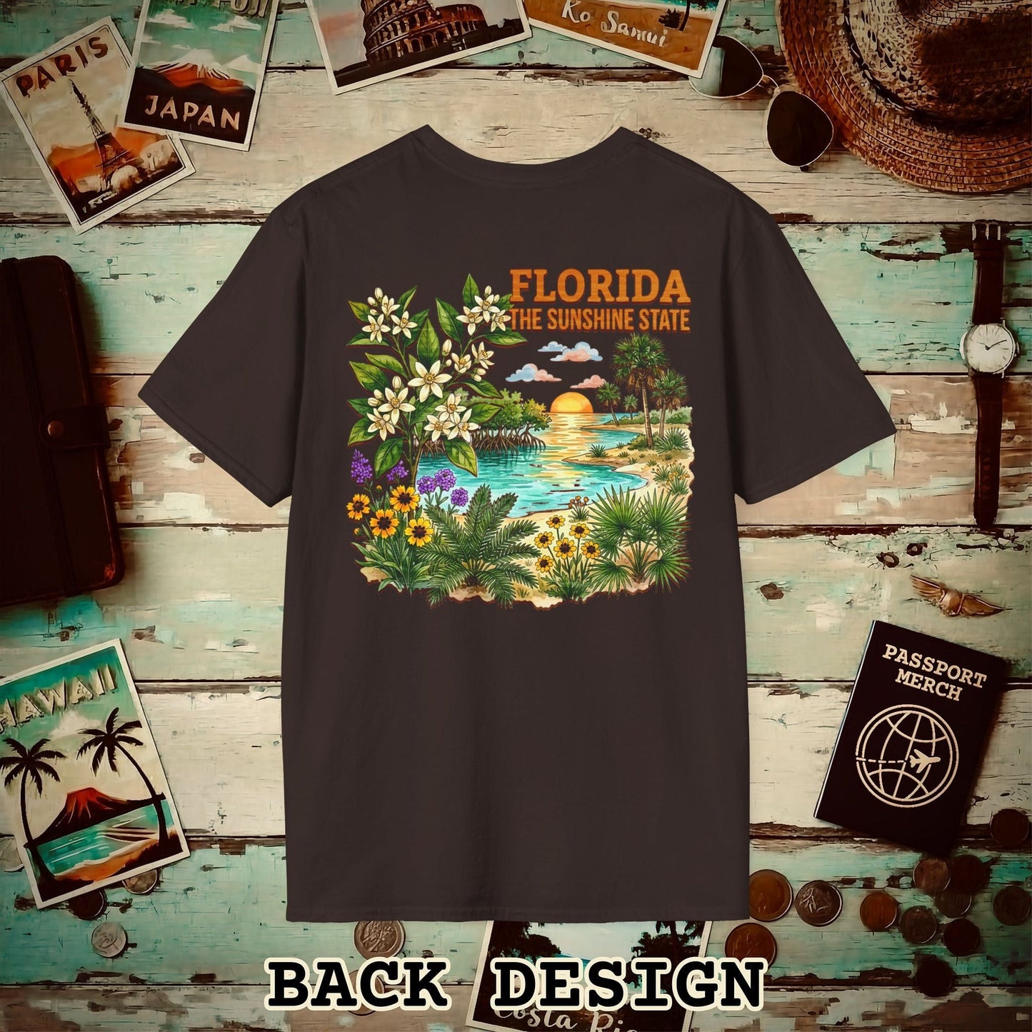 Florida Flowers in Watercolored Oak Back Print T-Shirt Dark Chocolate / S