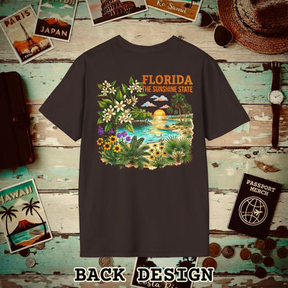 Florida Flowers in Watercolored Oak Back Print T-Shirt Dark Chocolate / S