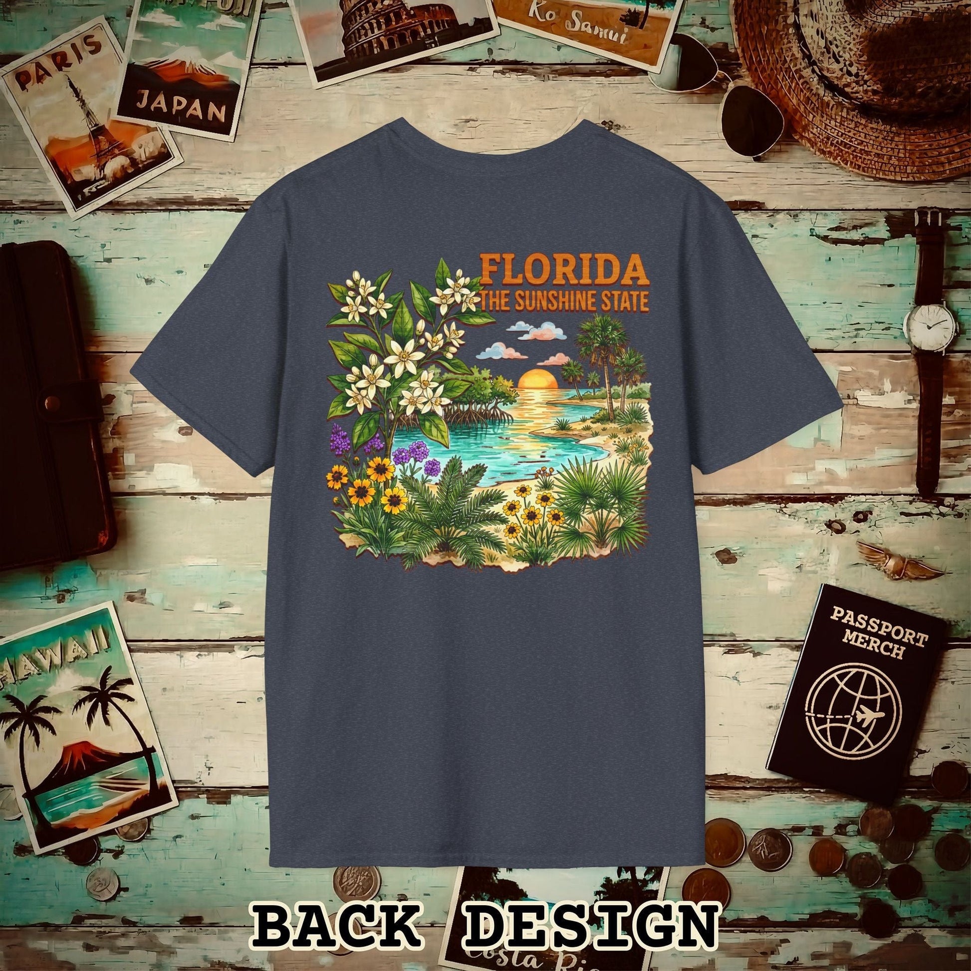 Florida Flowers in Watercolored Oak Back Print T-Shirt Heather Navy / S