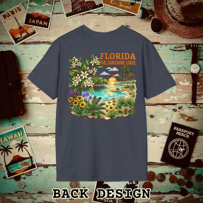 Florida Flowers in Watercolored Oak Back Print T-Shirt Heather Navy / S