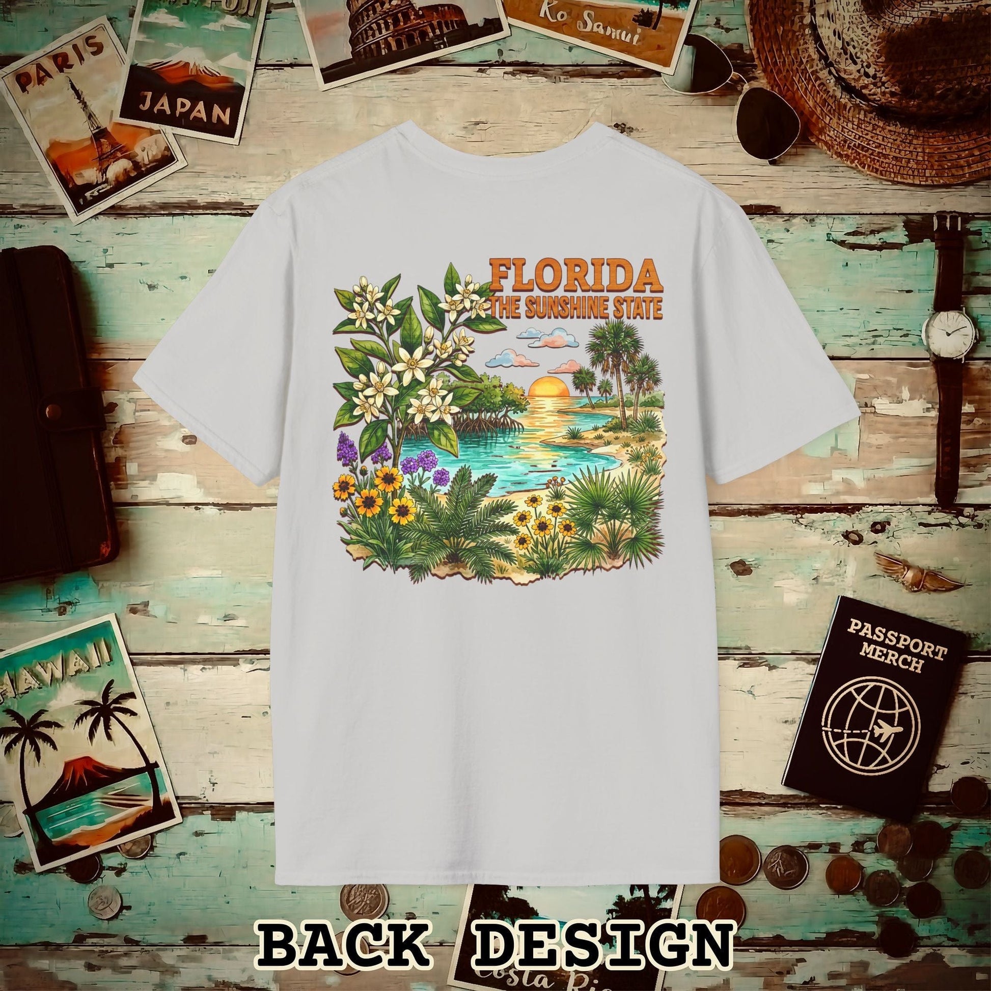 Florida Flowers in Watercolored Oak Back Print T-Shirt Ice Grey / S