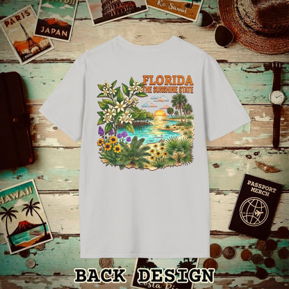 Florida Flowers in Watercolored Oak Back Print T-Shirt Ice Grey / S