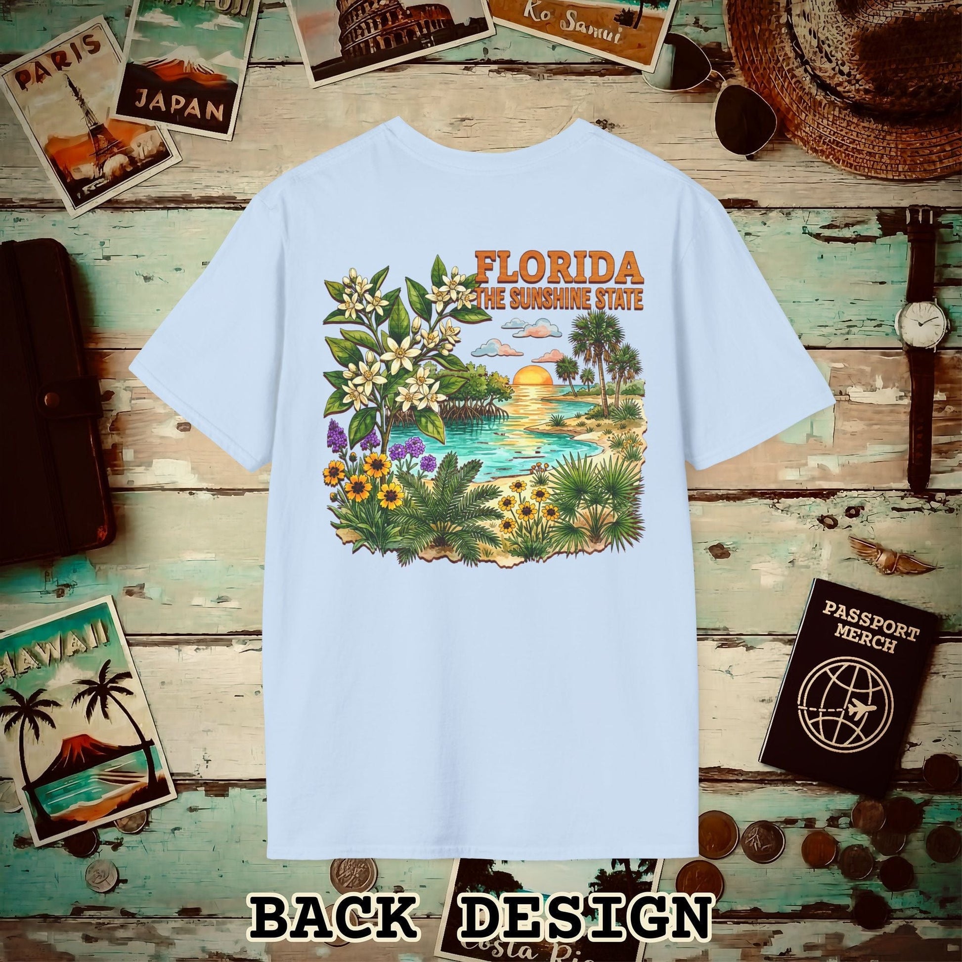 Florida Flowers in Watercolored Oak Back Print T-Shirt Light Blue / S