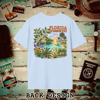 Florida Flowers in Watercolored Oak Back Print T-Shirt Light Blue / S