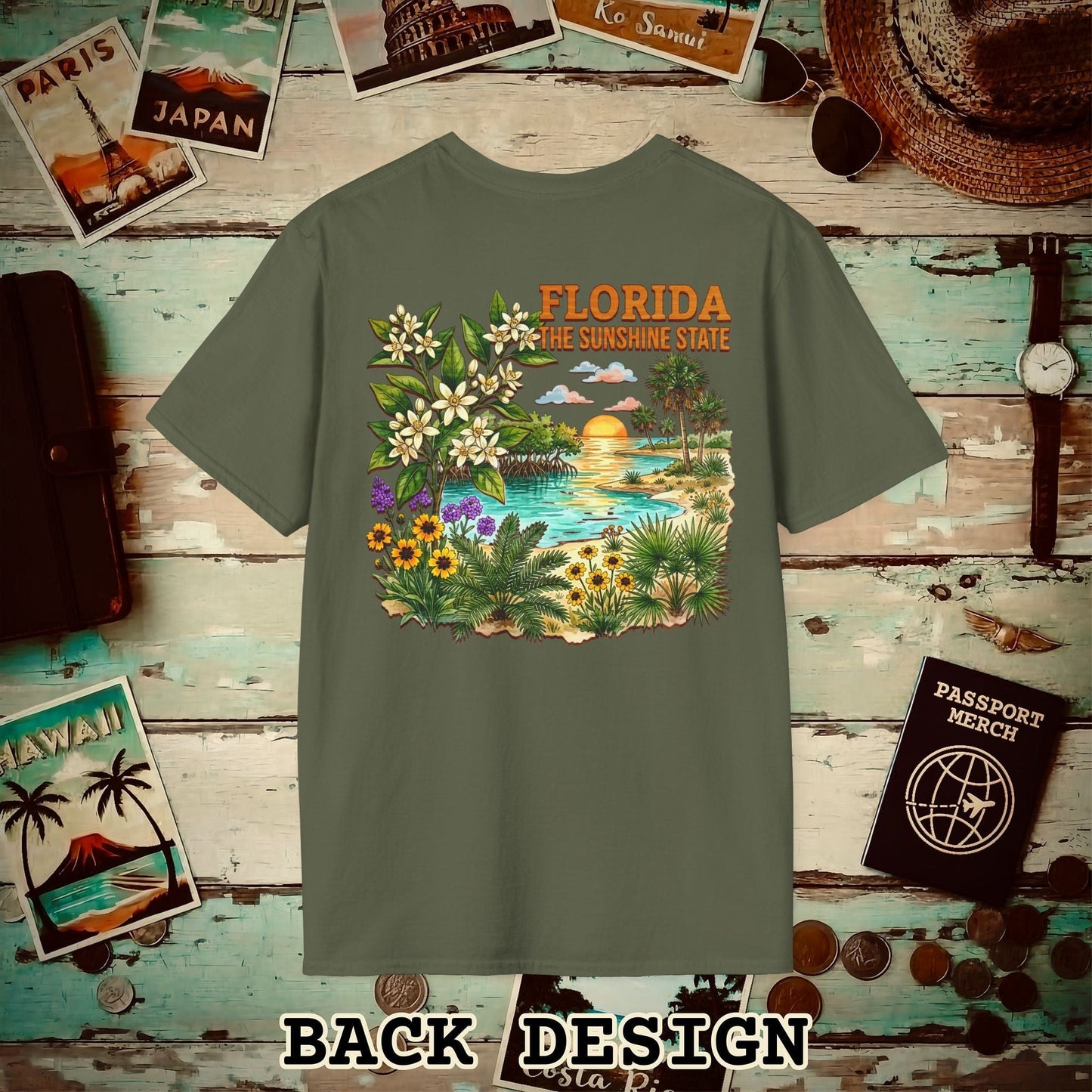 Florida Flowers in Watercolored Oak Back Print T-Shirt Military Green / S
