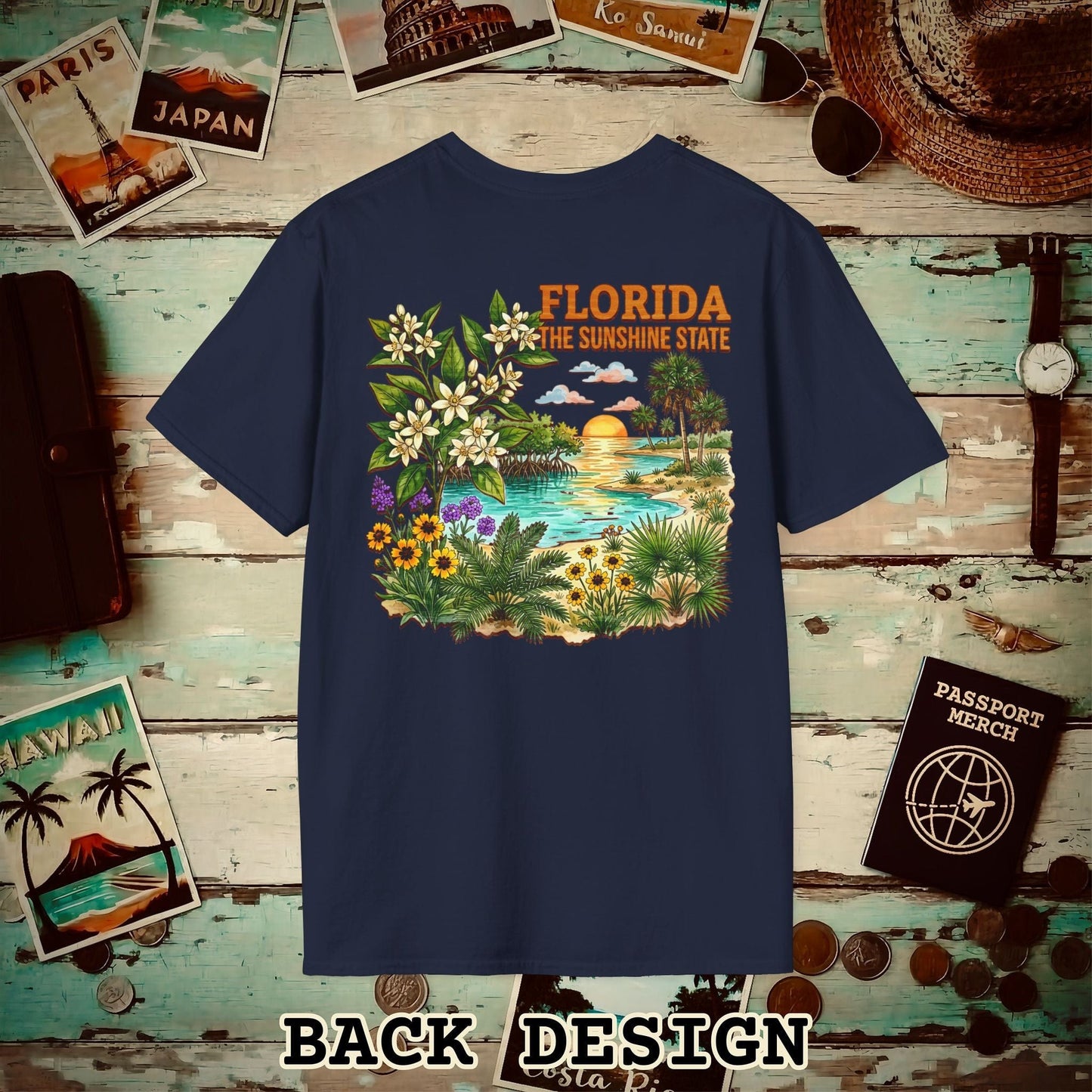 Florida Flowers in Watercolored Oak Back Print T-Shirt Navy / S