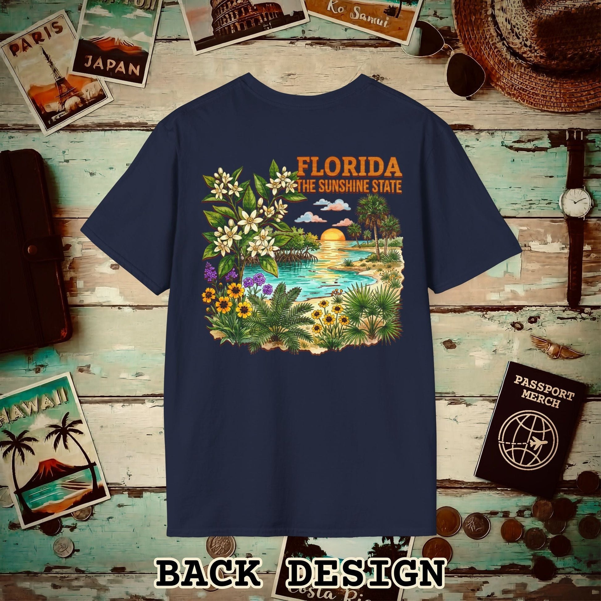 Florida Flowers in Watercolored Oak Back Print T-Shirt Navy / S