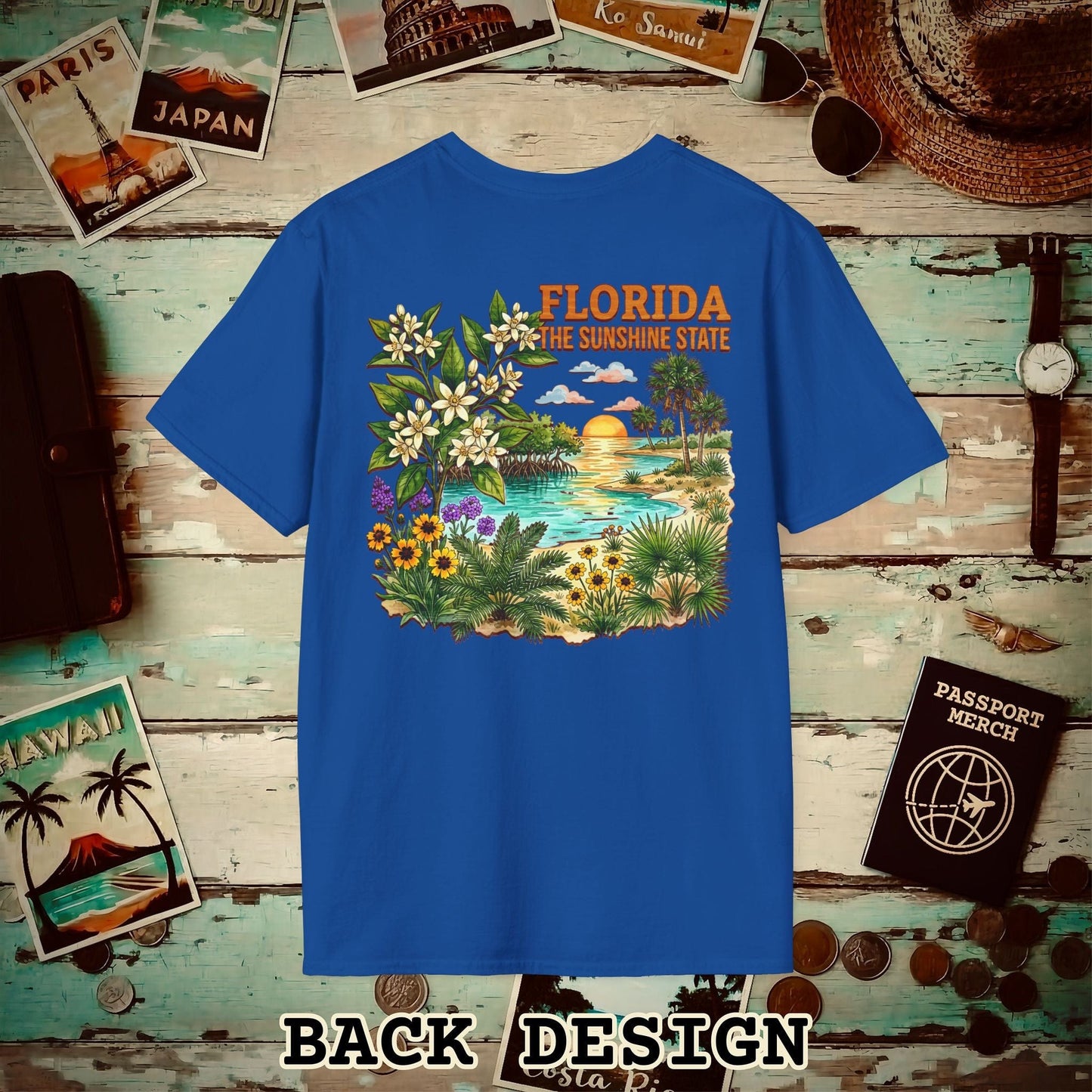 Florida Flowers in Watercolored Oak Back Print T-Shirt Royal / S