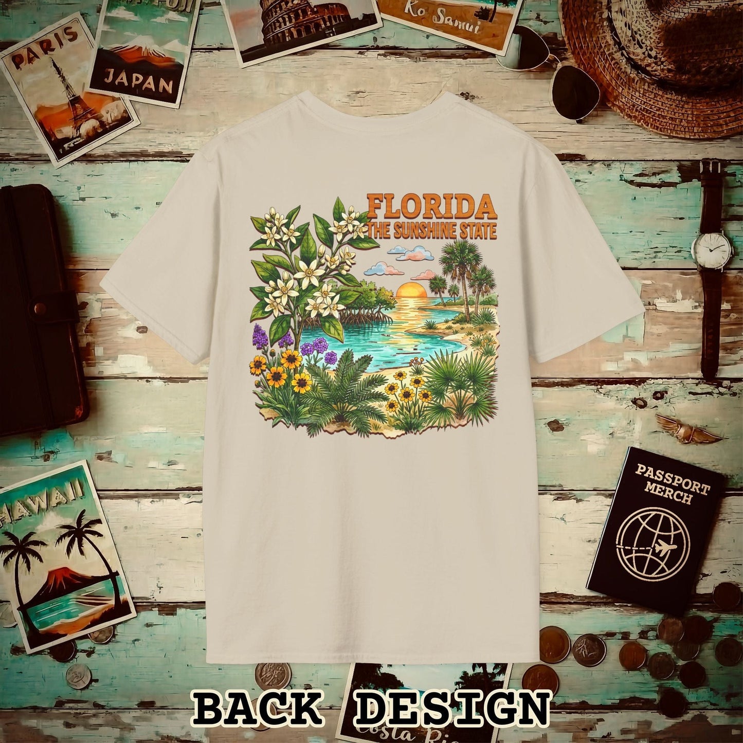 Florida Flowers in Watercolored Oak Back Print T-Shirt Sand / S