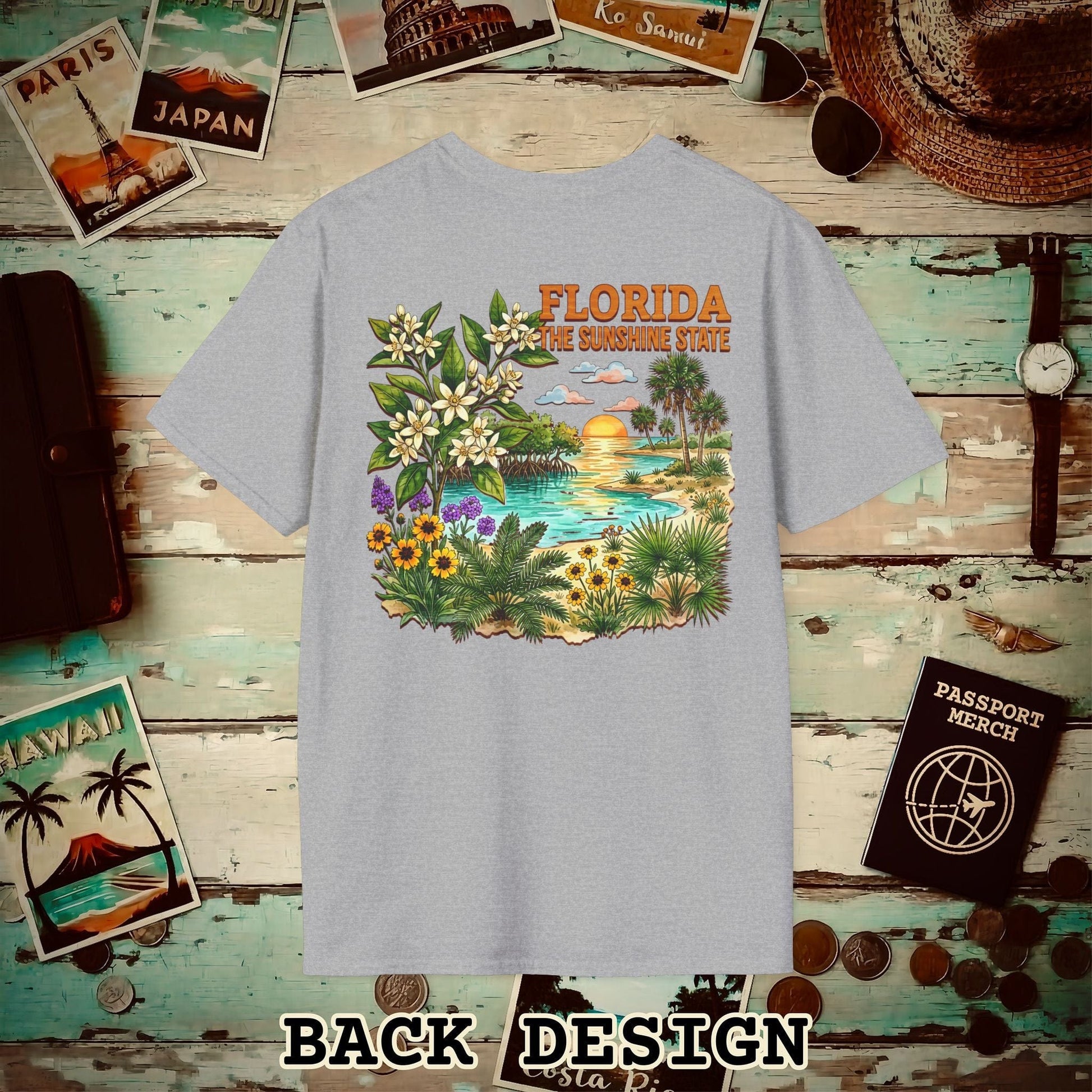 Florida Flowers in Watercolored Oak Back Print T-Shirt Sport Grey / S