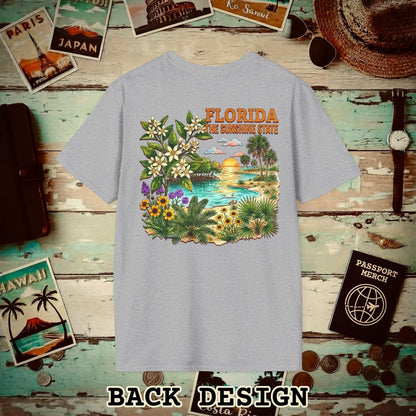Florida Flowers in Watercolored Oak Back Print T-Shirt Sport Grey / S