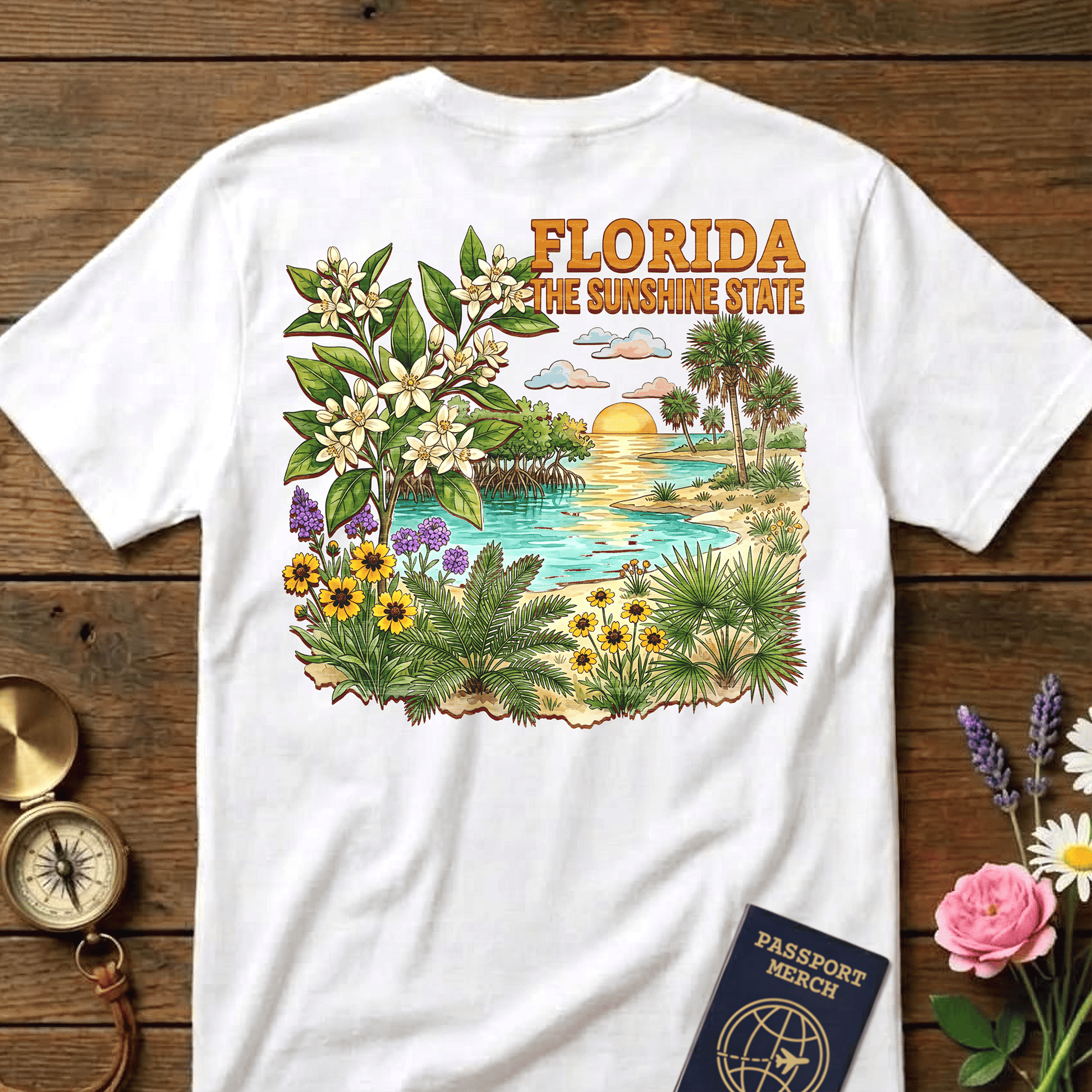 Florida Flowers in Watercolored Oak Back Print T-Shirt White / S