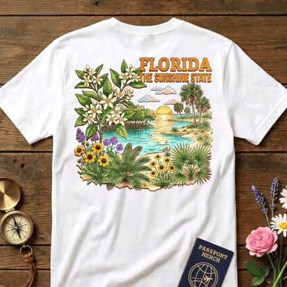 Florida Flowers in Watercolored Oak Back Print T-Shirt White / S