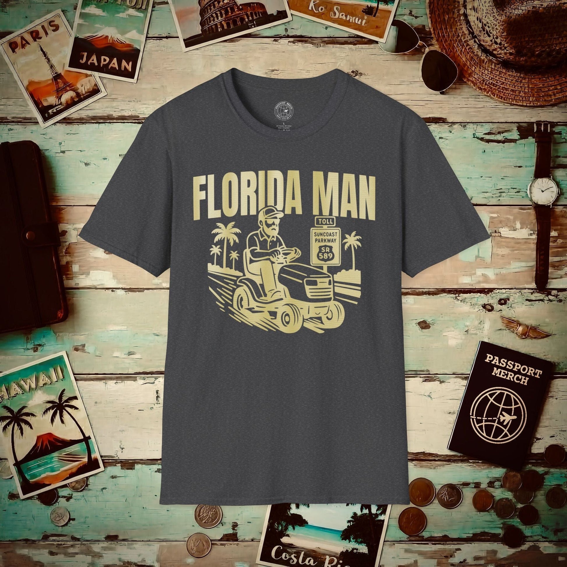 Florida Man Arrested for Driving Lawn Mower on Highway T-Shirt Dark Heather / S