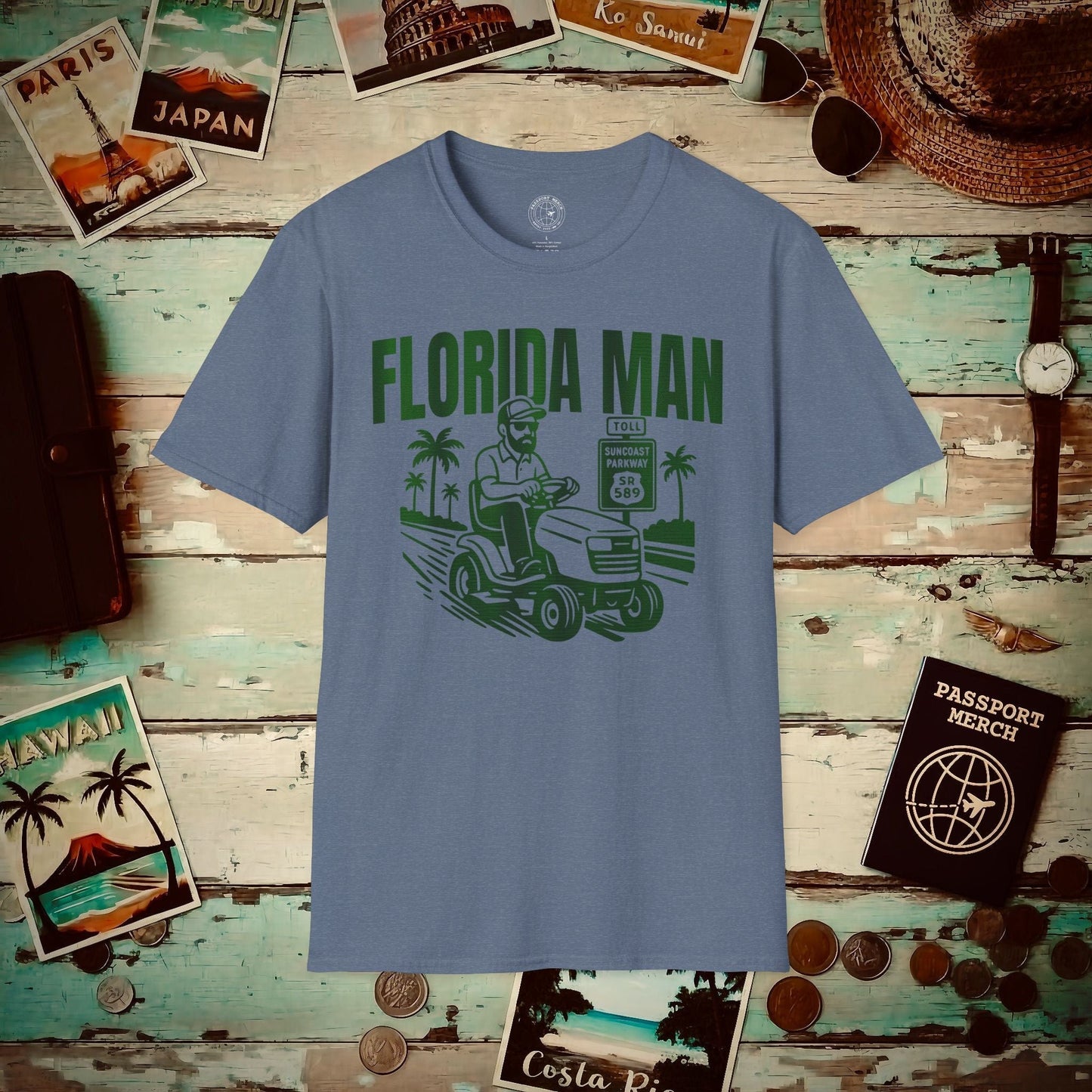 Florida Man Arrested for Driving Lawn Mower on Highway T-Shirt Heather Indigo / S