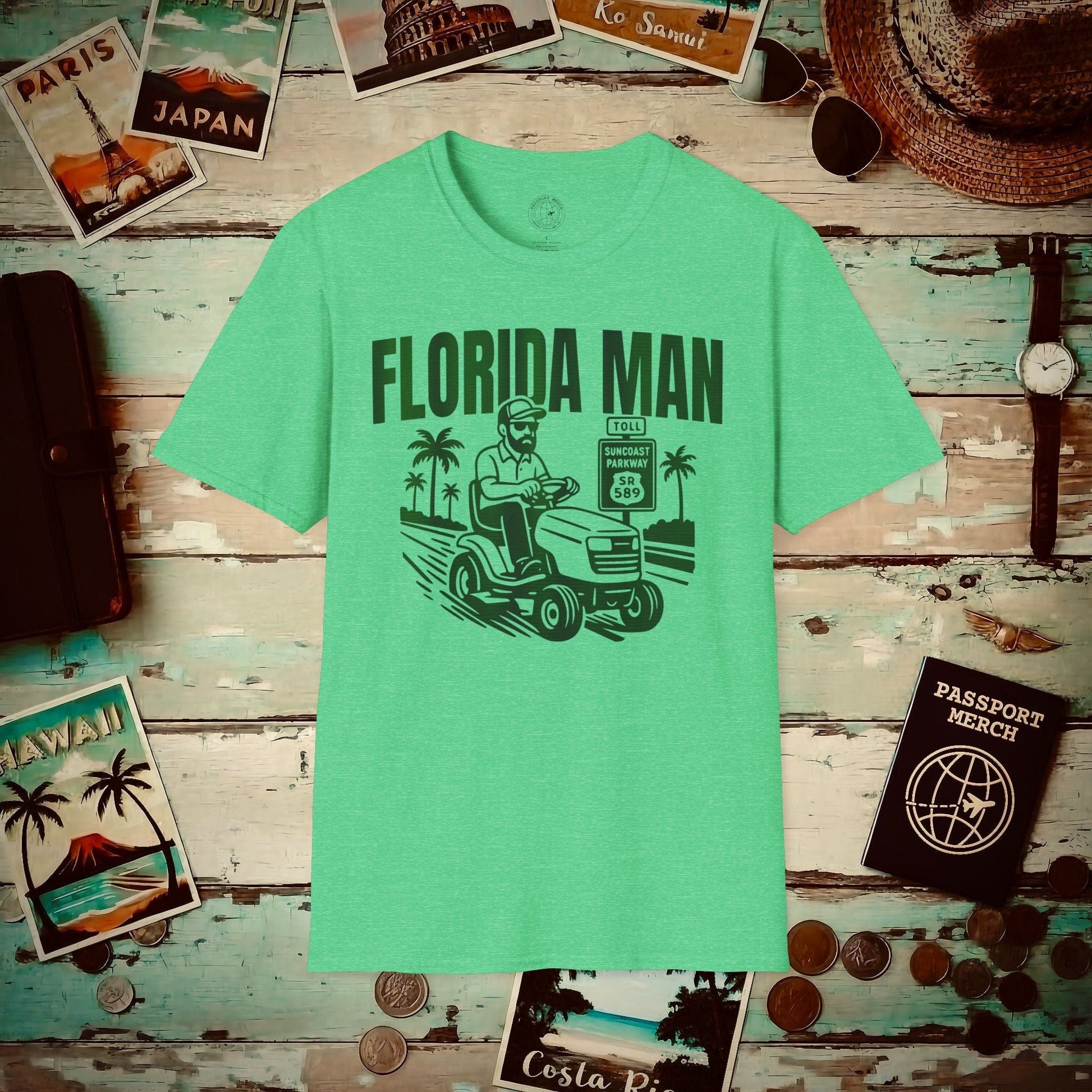 Florida Man Arrested for Driving Lawn Mower on Highway T-Shirt Heather Irish Green / S