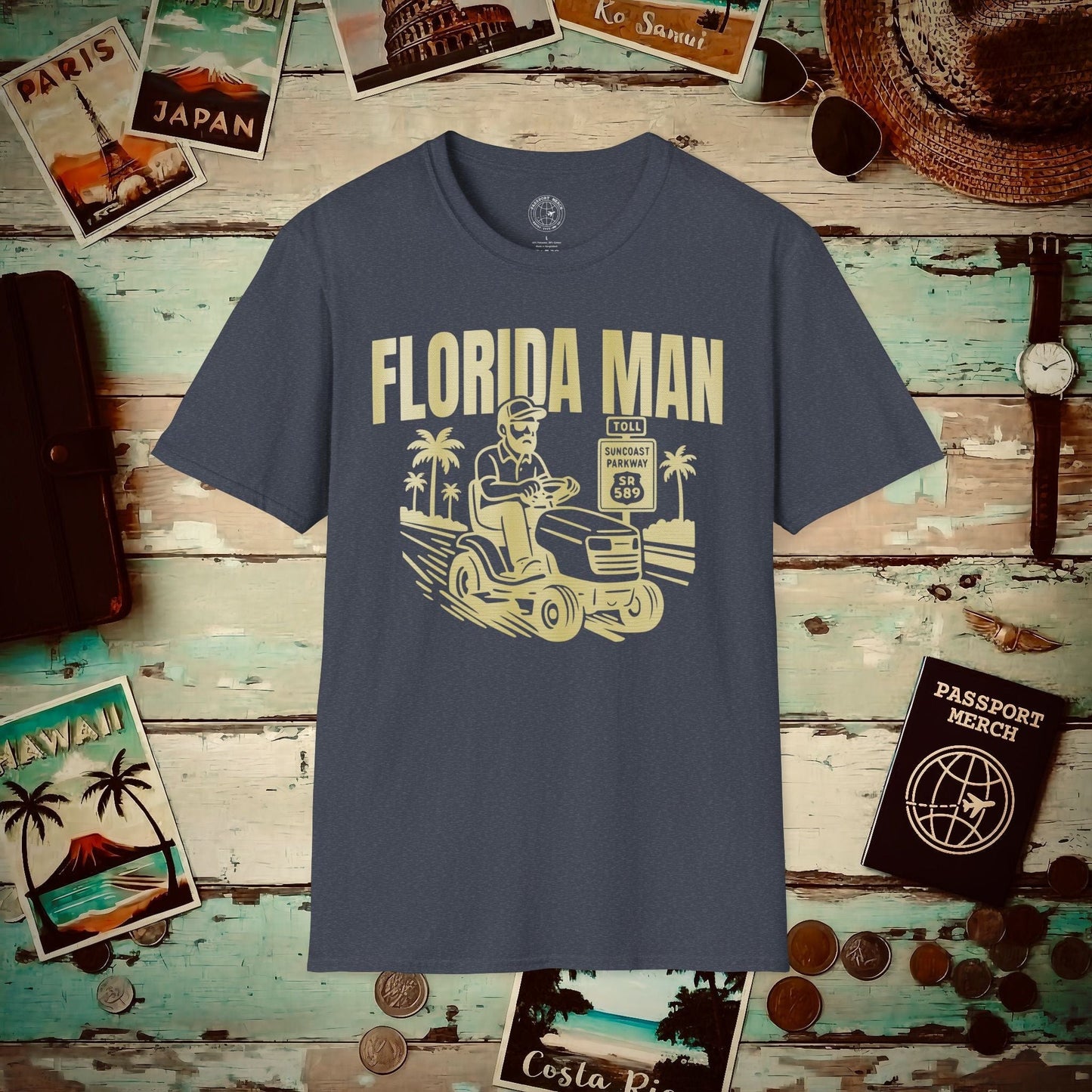 Florida Man Arrested for Driving Lawn Mower on Highway T-Shirt Heather Navy / S