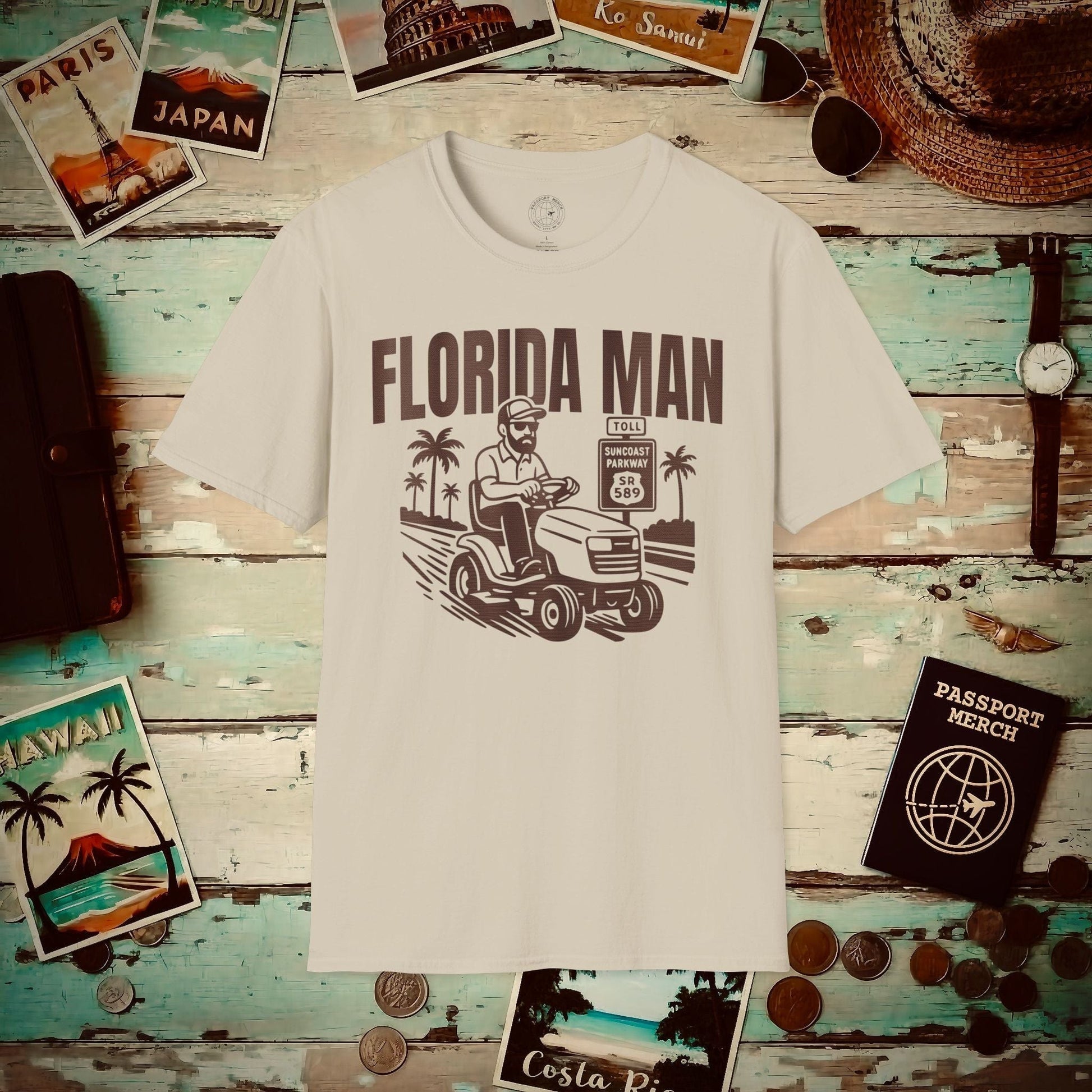 Florida Man Arrested for Driving Lawn Mower on Highway T-Shirt Sand / S