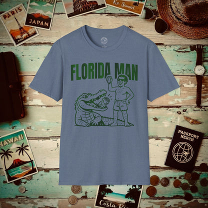 Florida Man Uses Alligator to Open Beer Can T-Shirt Heather Indigo / S