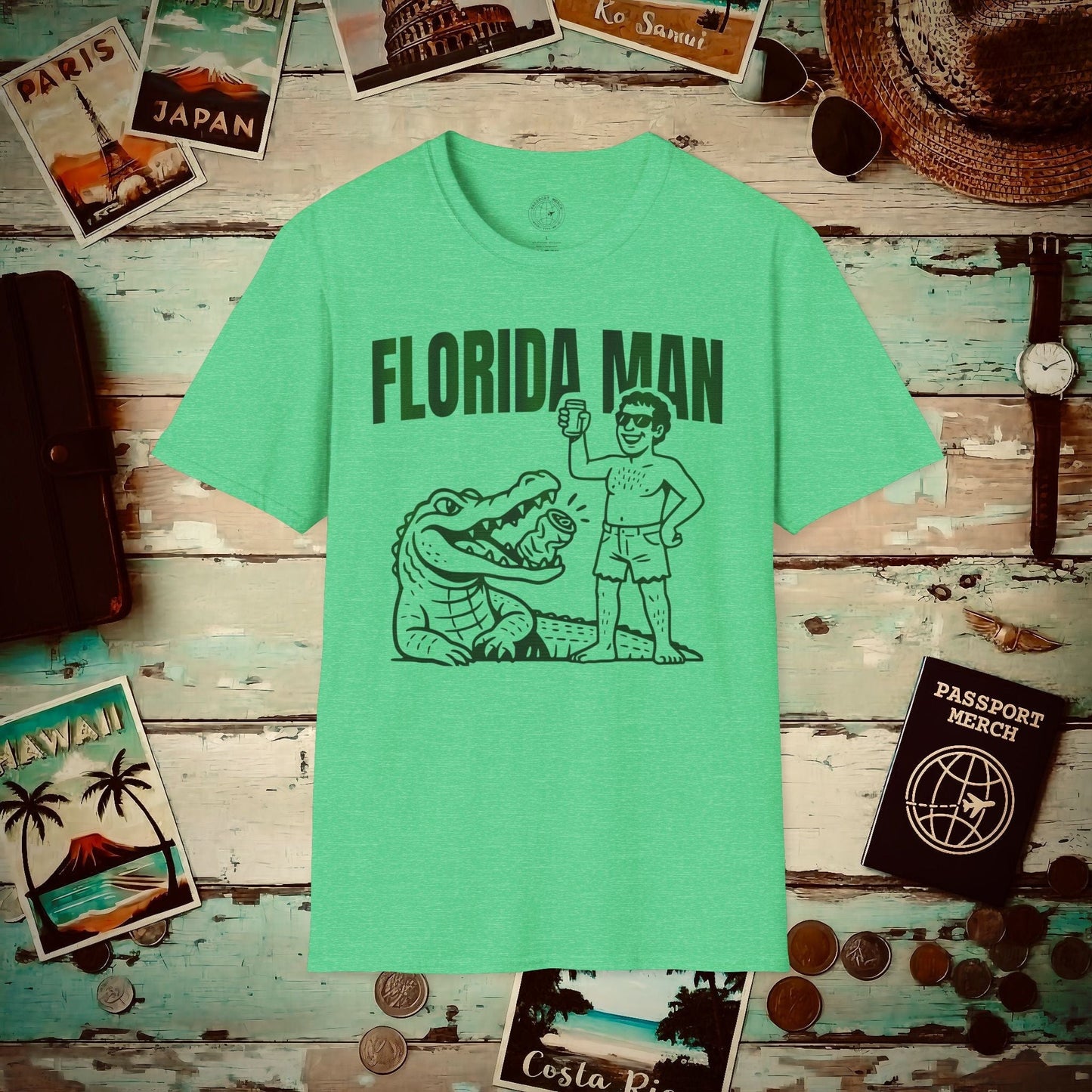 Florida Man Uses Alligator to Open Beer Can T-Shirt Heather Irish Green / S