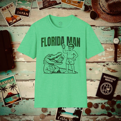 Florida Man Uses Alligator to Open Beer Can T-Shirt Heather Irish Green / S