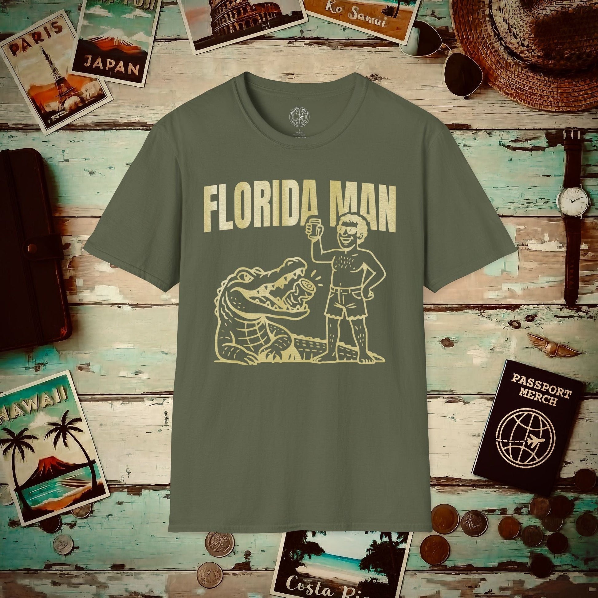Florida Man Uses Alligator to Open Beer Can T-Shirt Military Green / S